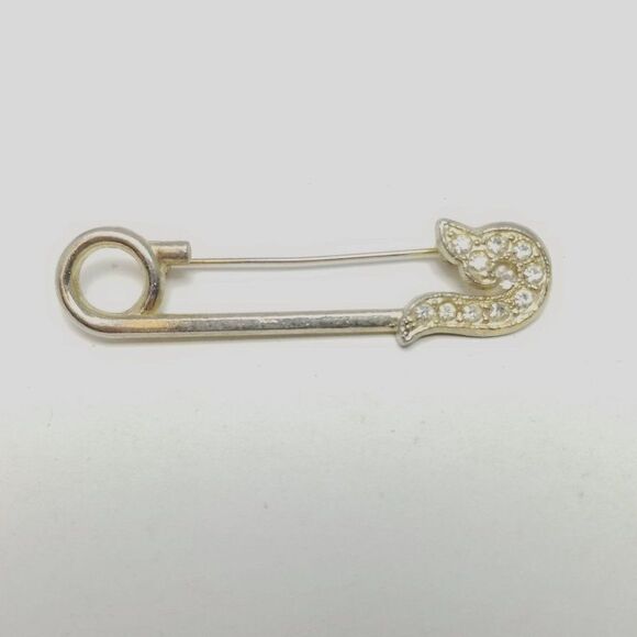 Vintage Rhinestone Safty Pin Style Brooch, Silve Tone, Retro Estate - Picture 2 of 5